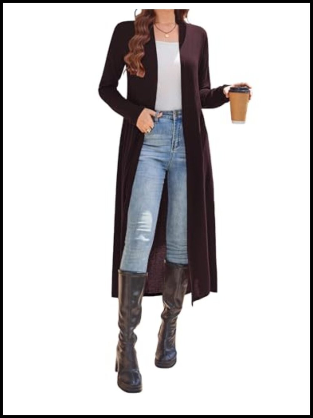 Knit Long Cardigan with Pockets Open Front Floor Length Duster Sweater